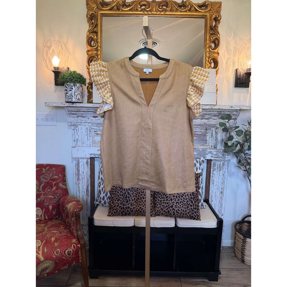 VOY Women Tan Textured Top Yellow Houndstooth Ruffle Sleeve Blouse Size L 33064